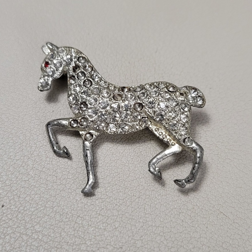 Vintage Unsigned Silver‎ Tone Horse Equestrian Pavé Rhinestone Brooch AS IS